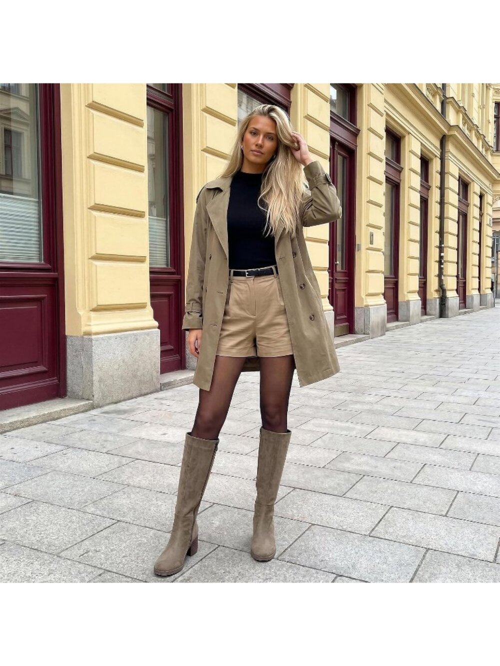 Women's Olive Suede Knee High Boots Chunky Low Block Heel Round Toe Boots - Picture 2 of 7